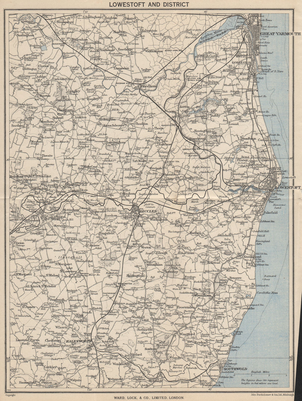 LOWESTOFT area Great Yarmouth Beccles Southwold. Norfolk/Suffolk Broads 1950 map