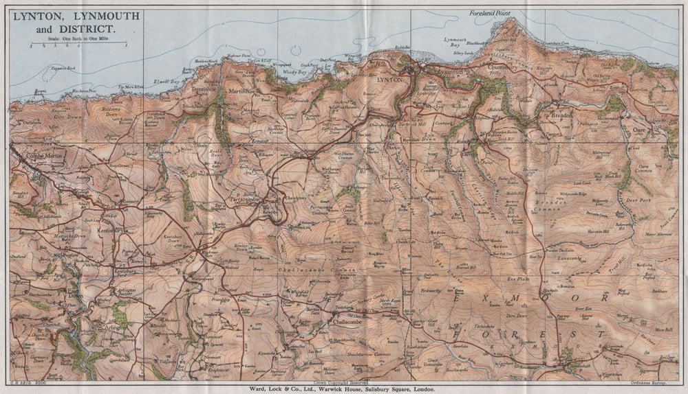 LYNTON & LYNMOUTH area topo map. Exmoor. Devon. WARD LOCK 1934 old vintage