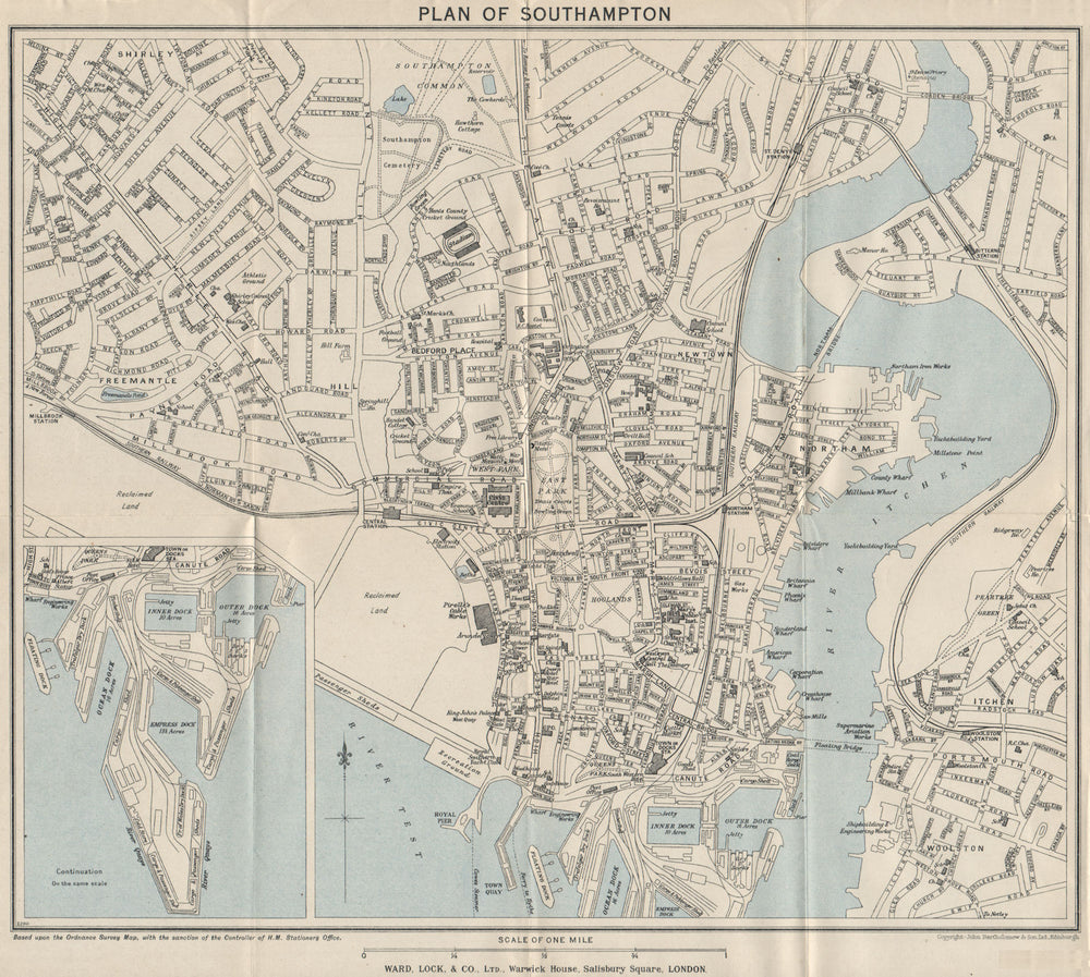 SOUTHAMPTON vintage town/city plan. Hampshire. WARD LOCK 1938 old vintage map