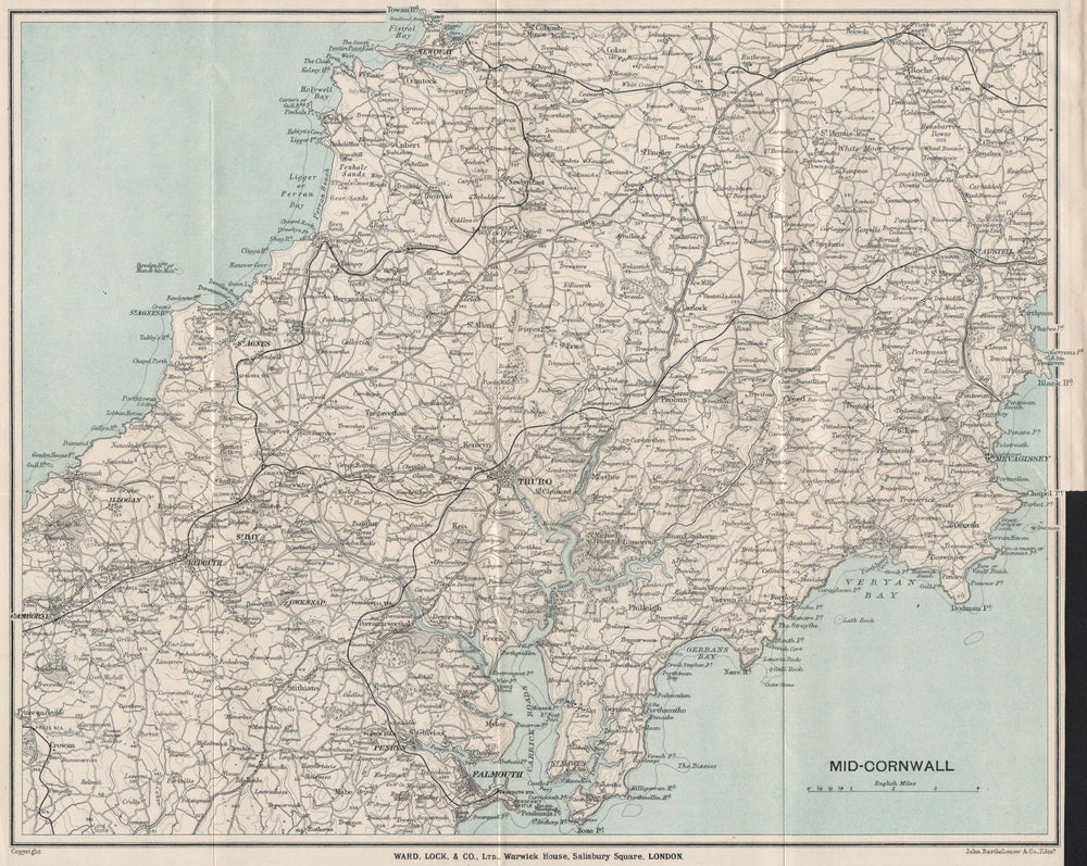 MID-CORNWALL. Carrick Roads Truro Newquay Redruth Falmouth St Austell 1914 map