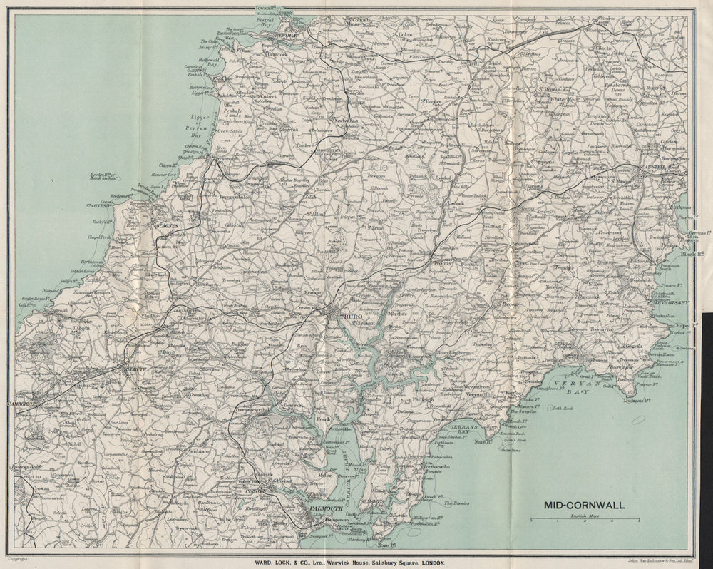 MID-CORNWALL. Carrick Roads Truro Newquay Redruth Falmouth St Austell 1924 map