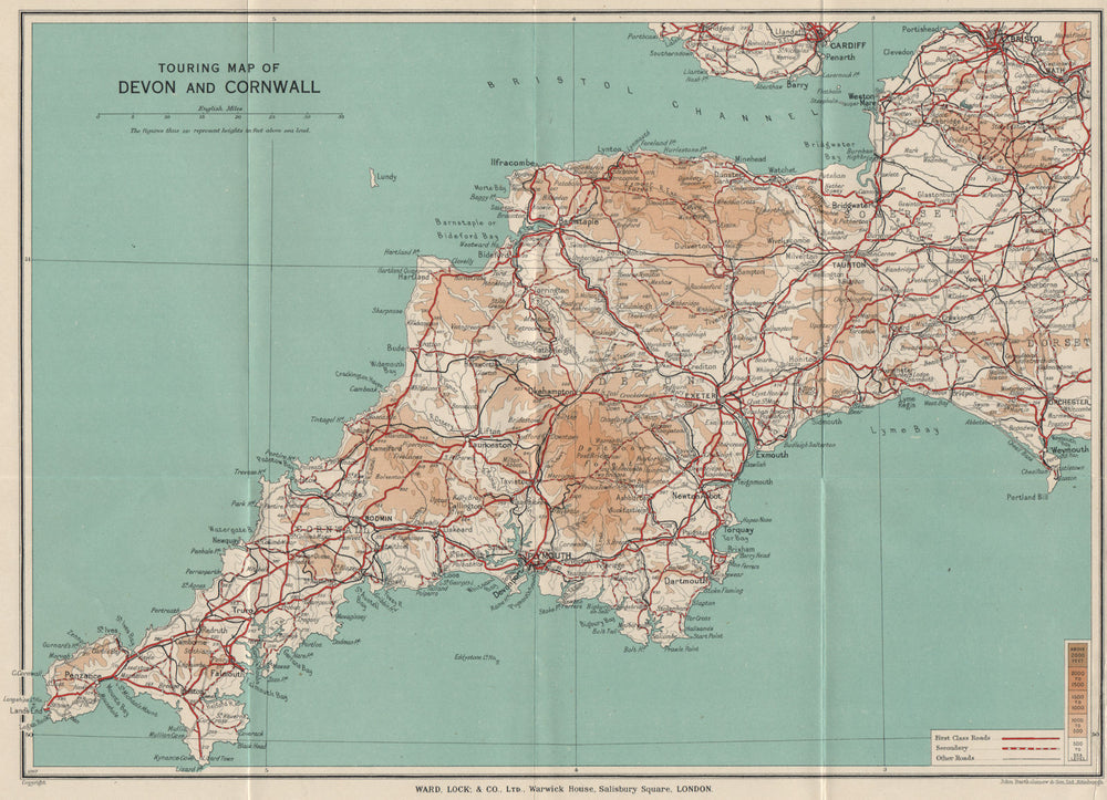 TOURING MAP OF DEVON AND CORNWALL. South West England. WARD LOCK 1936 old