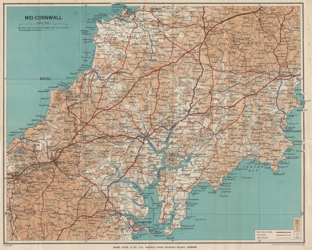 MID-CORNWALL. Carrick Roads Truro Newquay Redruth Falmouth St Austell 1936 map
