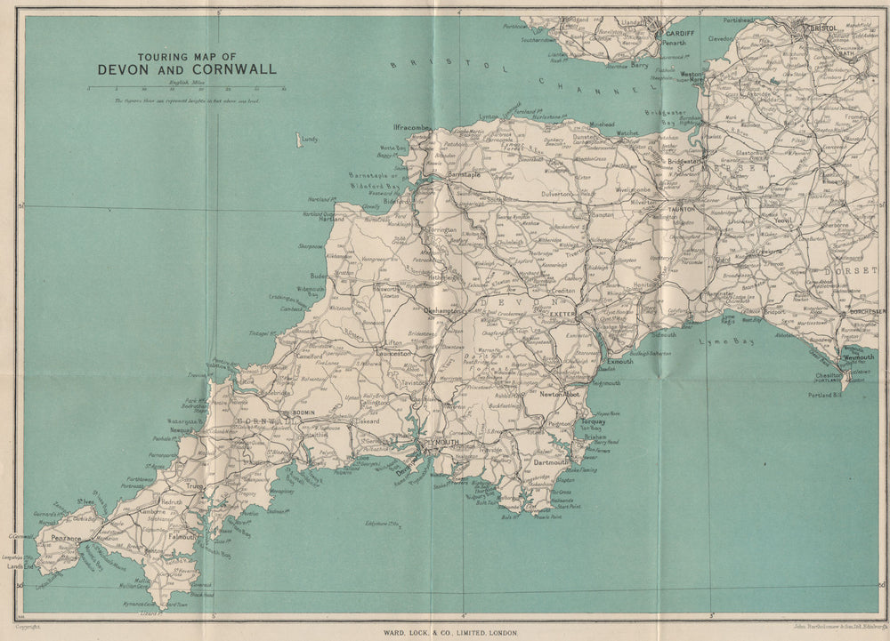 TOURING MAP OF CORNWALL & DEVON. South West England. WARD LOCK 1948 old