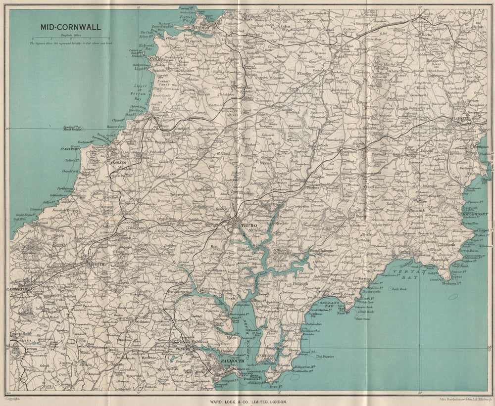 MID-CORNWALL. Carrick Roads Truro Newquay Falmouth St Austell Redruth 1948 map