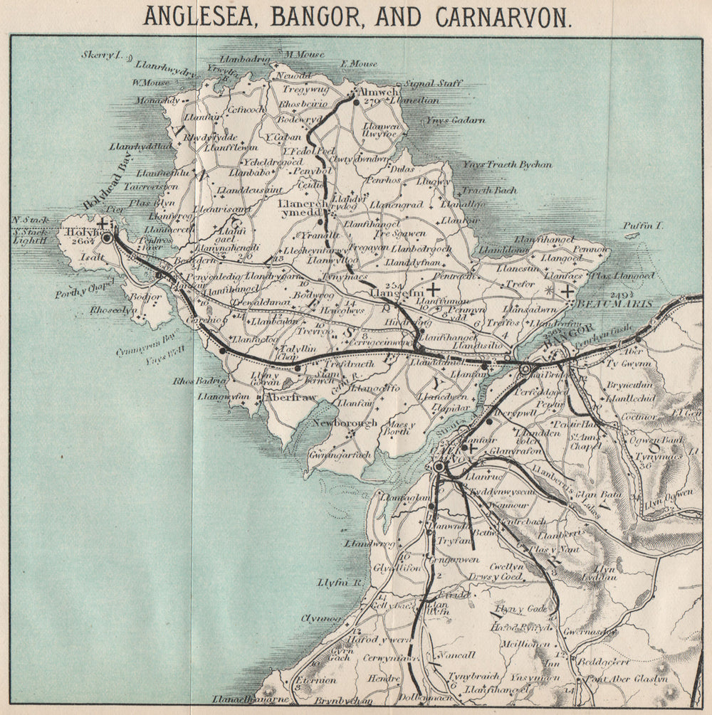 ANGLESEY. Bangor Caernarvon Holyhead. North Wales railways. WARD LOCK 1893 map