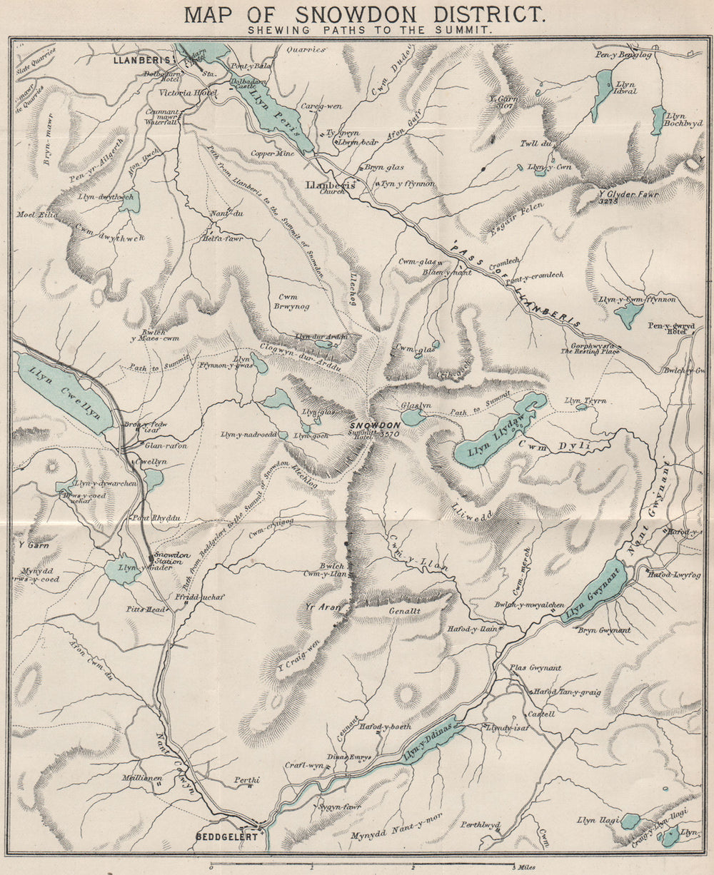 SNOWDON SHOWING PATHS TO SUMMIT. Llanberis. WARD LOCK 1893 old antique map