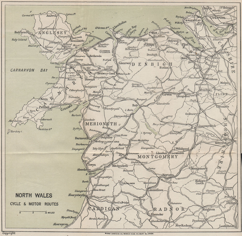 NORTH WALES CYCLE & MOTOR ROUTES. Railways. WARD LOCK 1913 old antique map