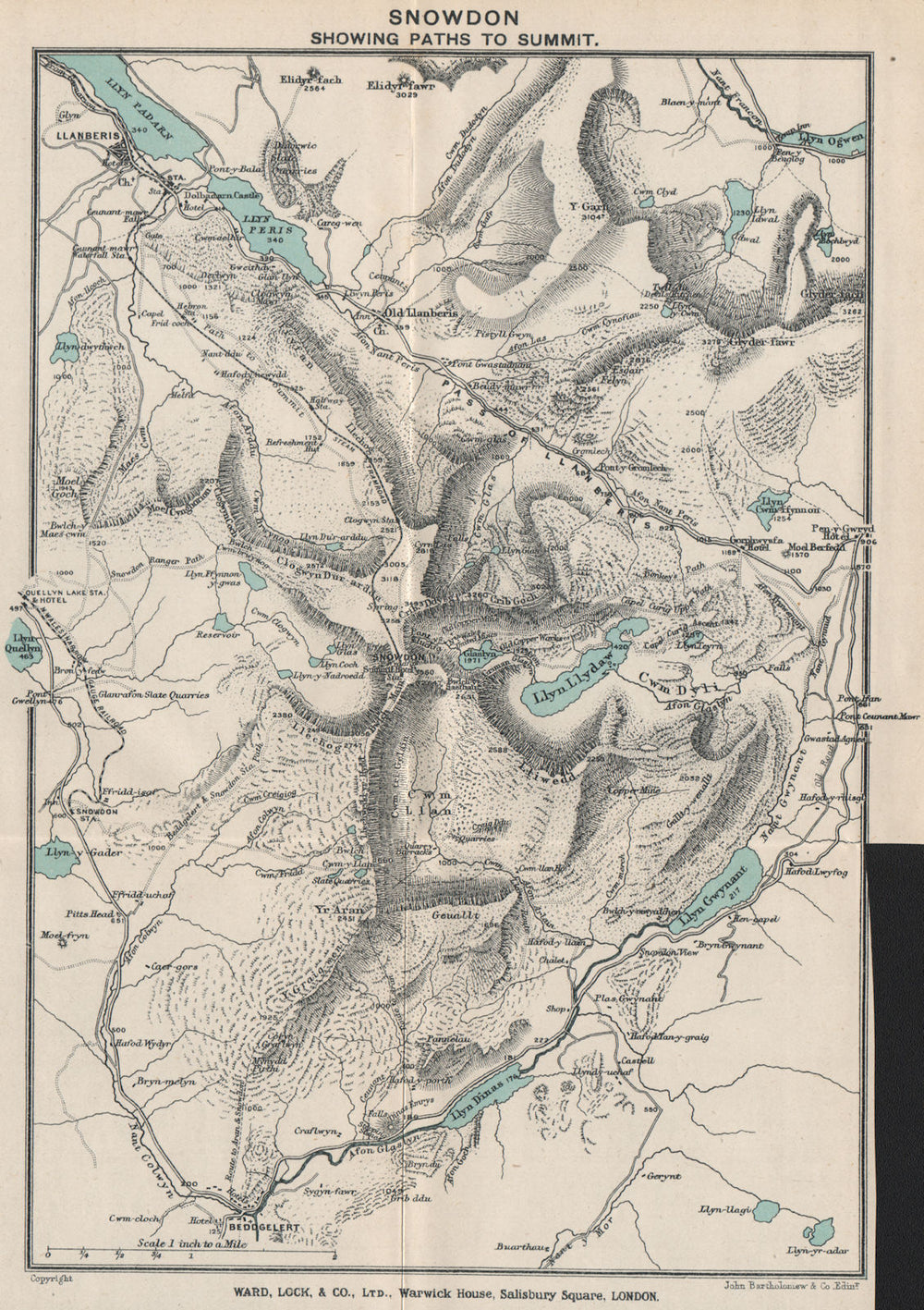 SNOWDON SHOWING PATHS TO SUMMIT. Llanberis. WARD LOCK 1913 old antique map