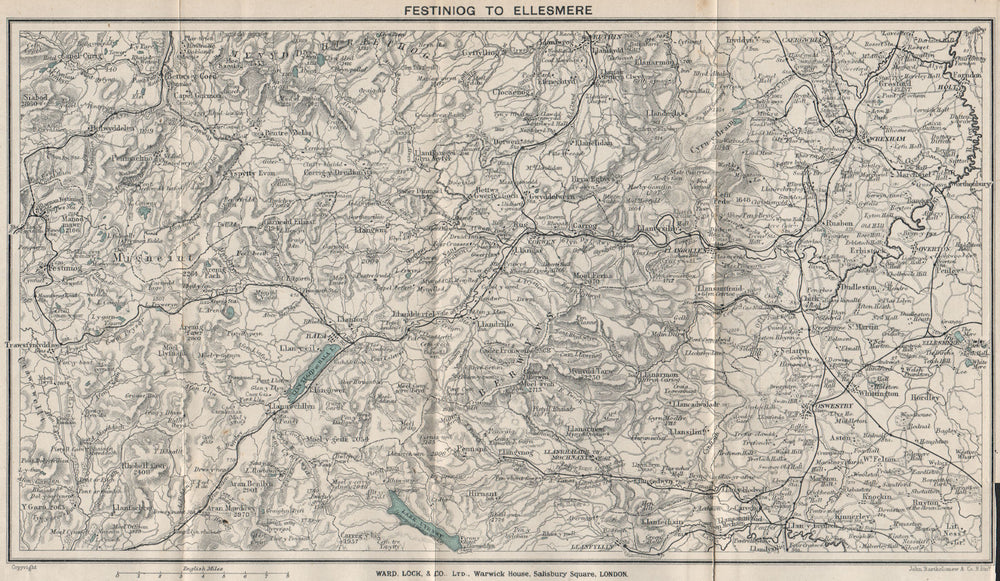 NORTH CENTRAL WALES. Ellesmere Bala Llangollen Wrexham Oswestry 1913 old map