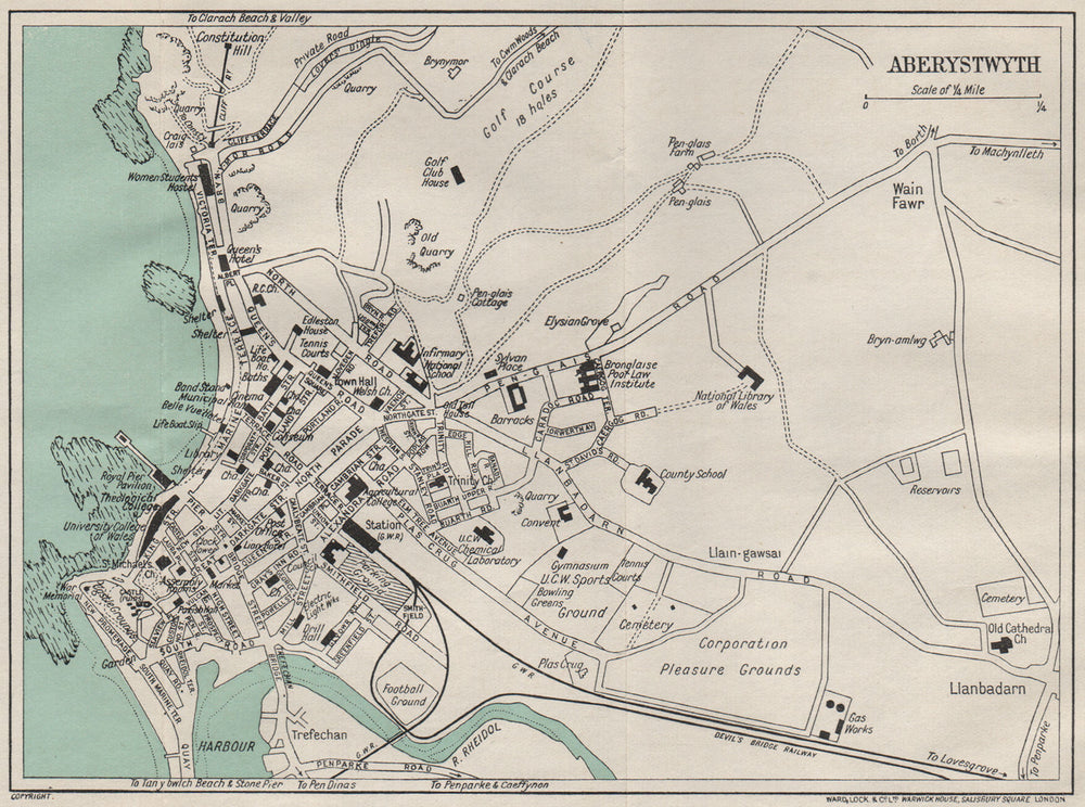 ABERYSTWYTH  vintage town/city plan. Wales. WARD LOCK 1936 old vintage map