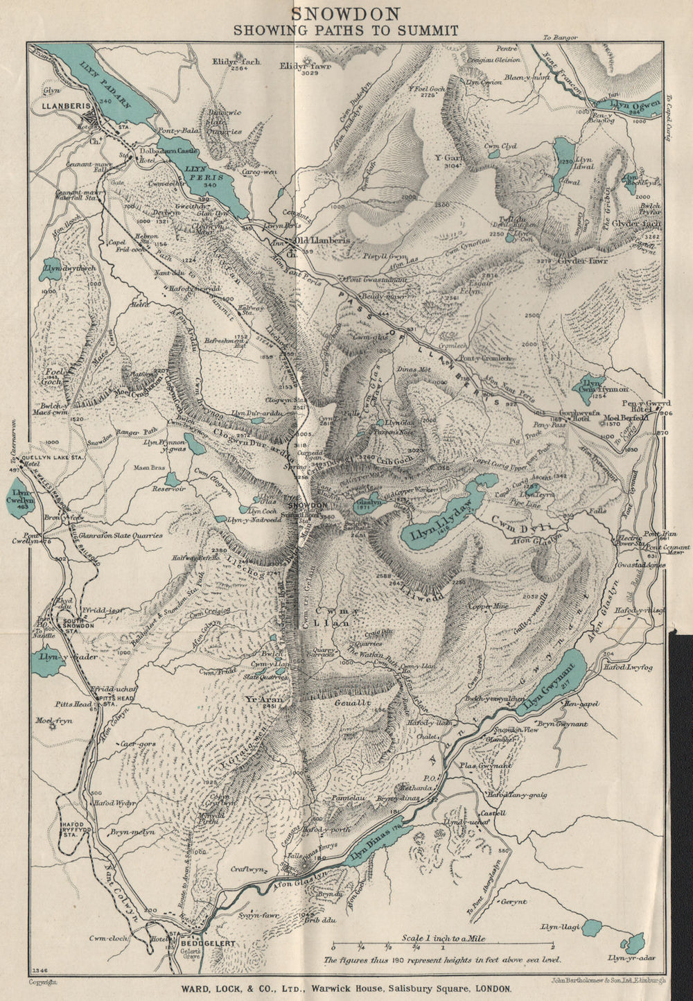 SNOWDON SHOWING PATHS TO SUMMIT. Llanberis. WARD LOCK 1936 old vintage map