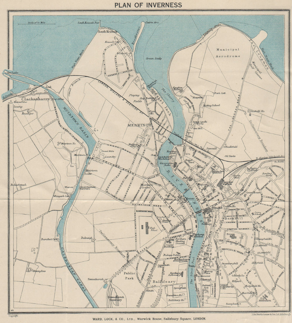 INVERNESS  vintage town/city plan. Scotland. WARD LOCK 1939 old vintage map