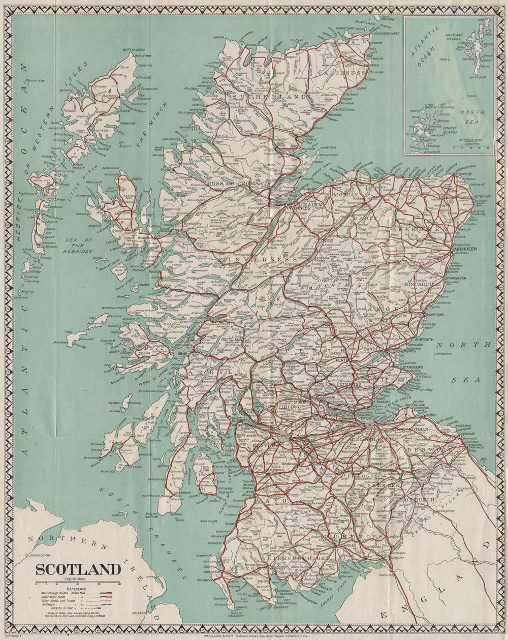 SCOTLAND main roads & railways. Decorative border. WARD LOCK 1935 old map