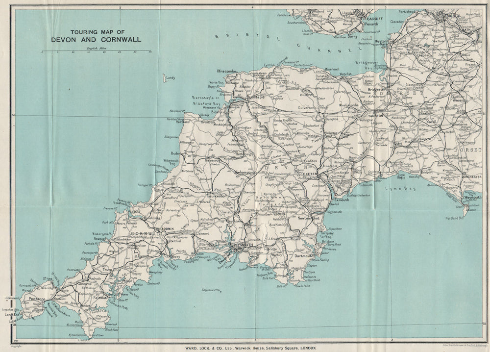 TOURING MAP OF DEVON AND CORNWALL. South West England. WARD LOCK 1932 old