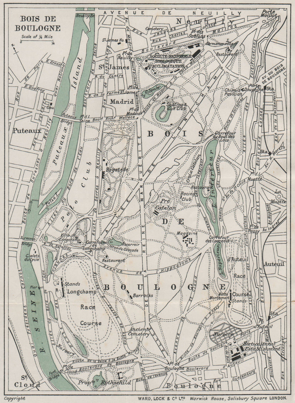 BOIS DE BOULOGNE vintage plan. Paris. WARD LOCK 1911 old antique map chart