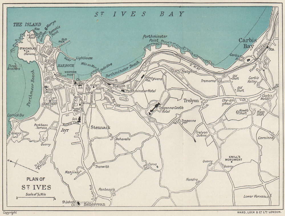 ST. IVES vintage town/city plan. Cornwall. WARD LOCK 1912 old antique map