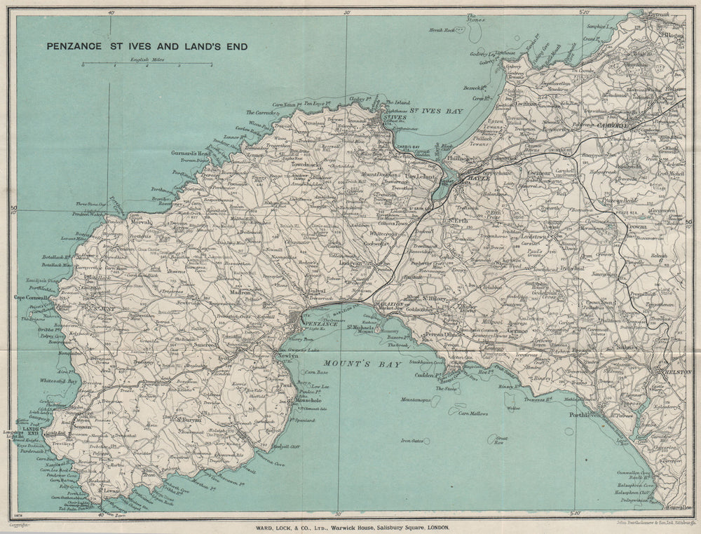 PENZANCE, ST. IVES & LAND'S END. Camborne Hayle Cornwall. WARD LOCK 1930 map