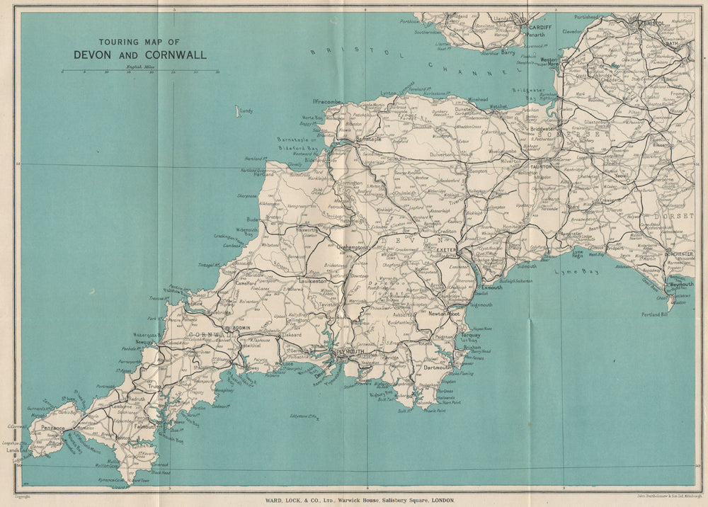 TOURING MAP OF DEVON AND CORNWALL. South West England. WARD LOCK 1933 old