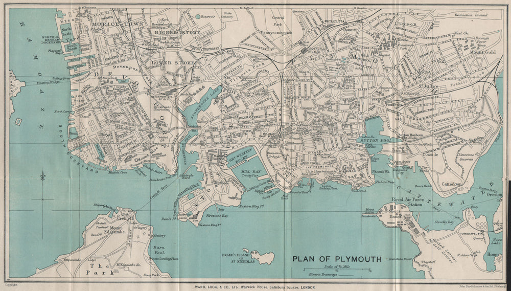 PLYMOUTH vintage town/city plan. Devon. WARD LOCK 1933 old vintage map chart