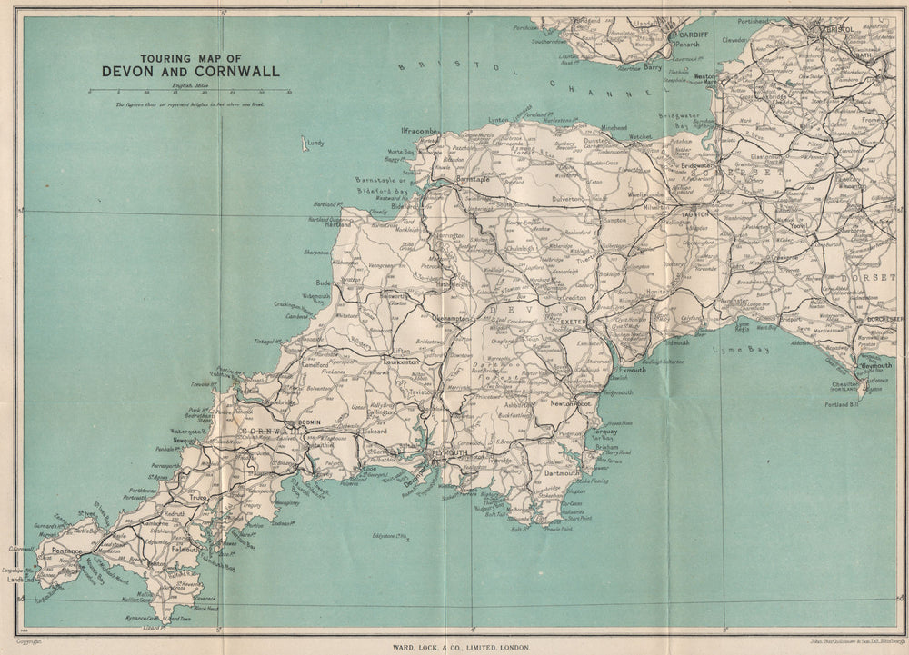 DEVON AND CORNWALL TOURING MAP. South West England. WARD LOCK 1948 old