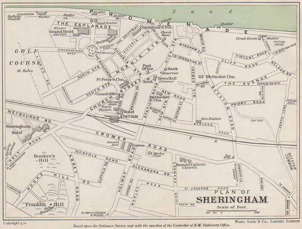 SHERINGHAM vintage town/city plan. Norfolk. WARD LOCK 1950 old vintage map
