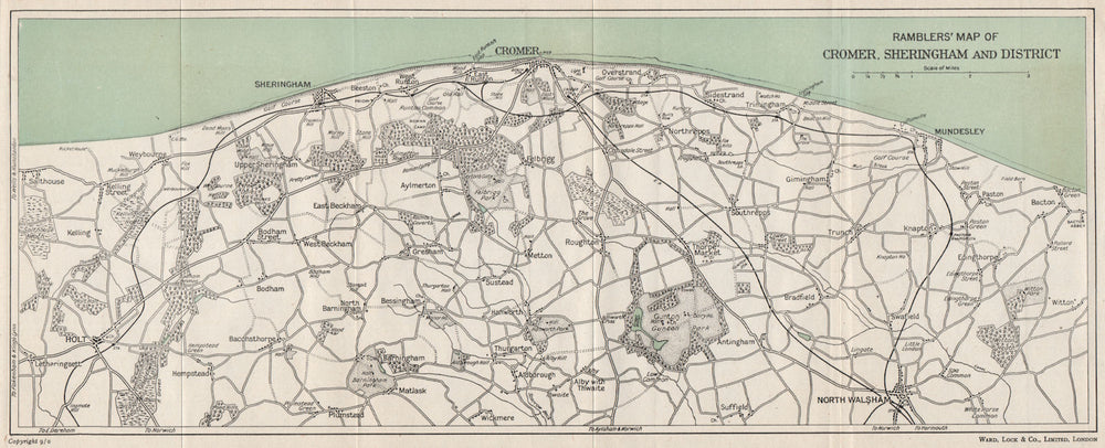 NORFOLK COAST. Cromer & Sheringham environs. North Walsham Mundesley 1950 map