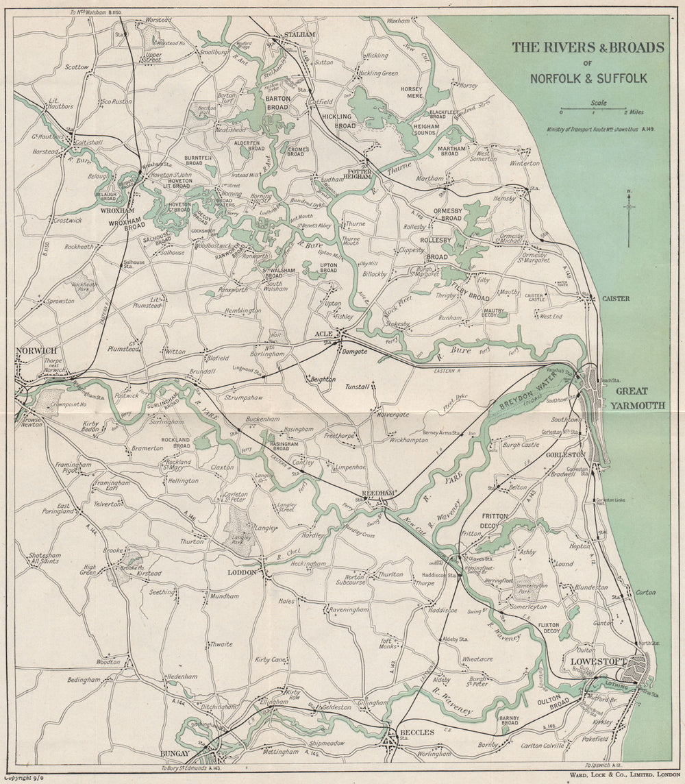 THE NORFOLK BROADS. Great Yarmouth Lowestoft Norwich Beccles. WARD LOCK 1950 map