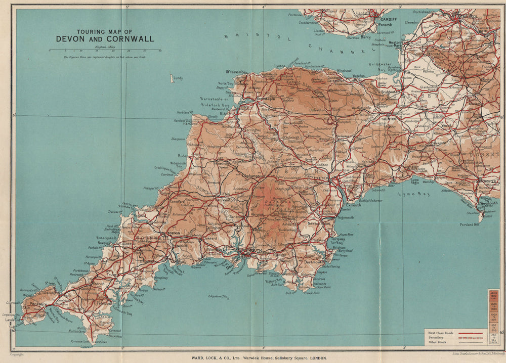 TOURING MAP OF DEVON AND CORNWALL. South West England. WARD LOCK 1938 old