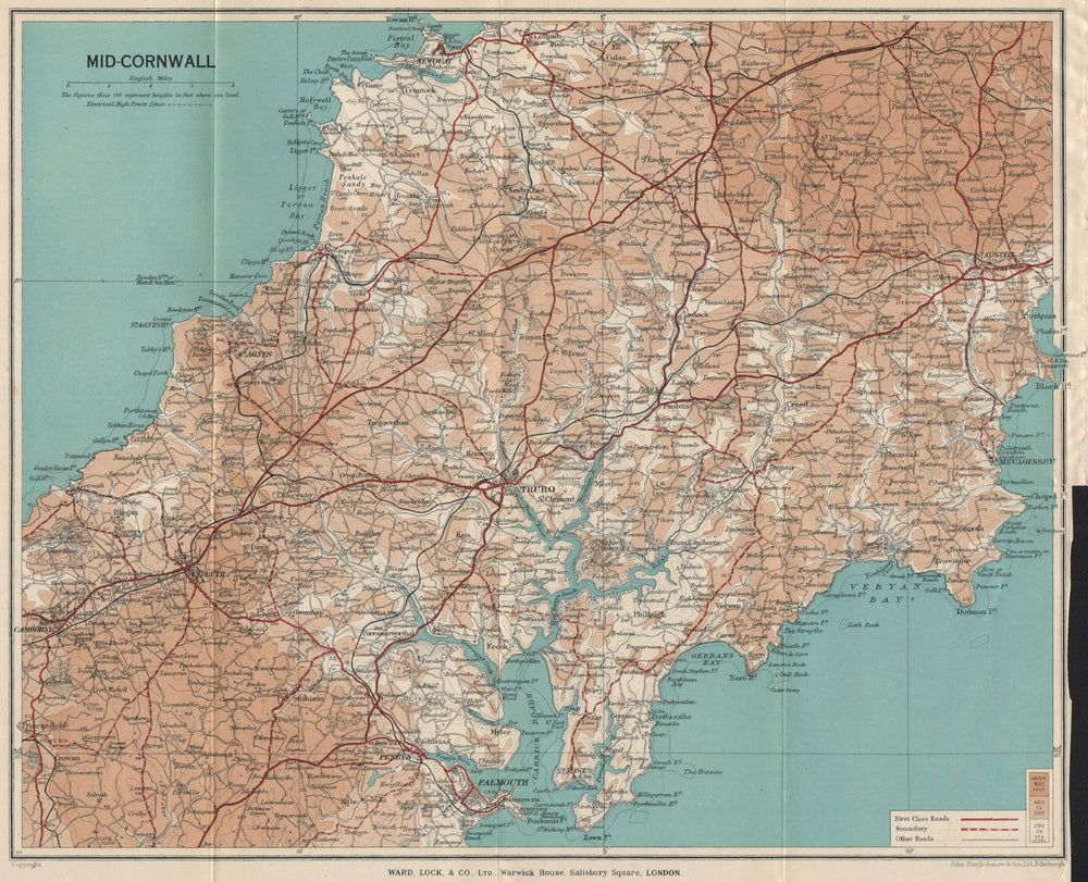 MID-CORNWALL. Carrick Roads Truro Newquay Redruth Falmouth St Austell 1938 map