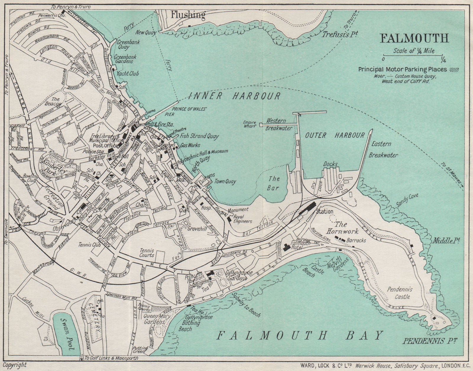 FALMOUTH vintage town/city plan. Cornwall. WARD LOCK 1938 old vintage ...