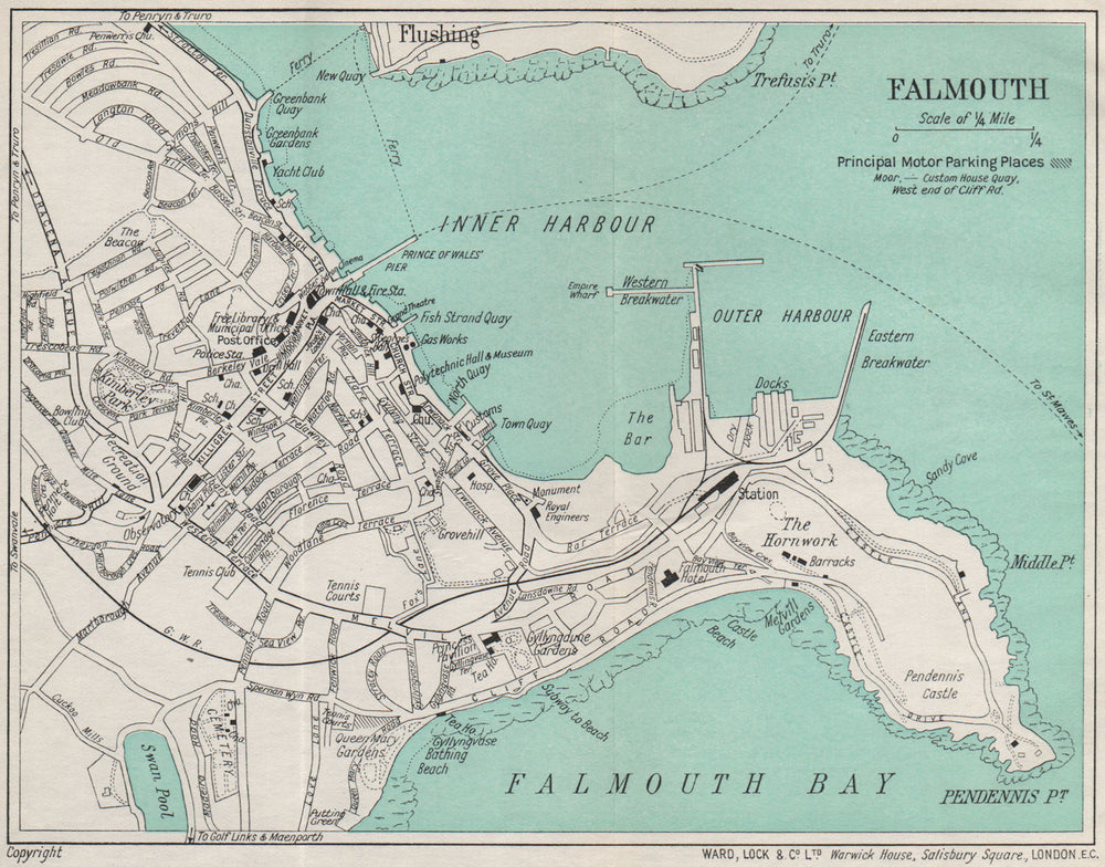 FALMOUTH vintage town/city plan. Cornwall. WARD LOCK 1938 old vintage map