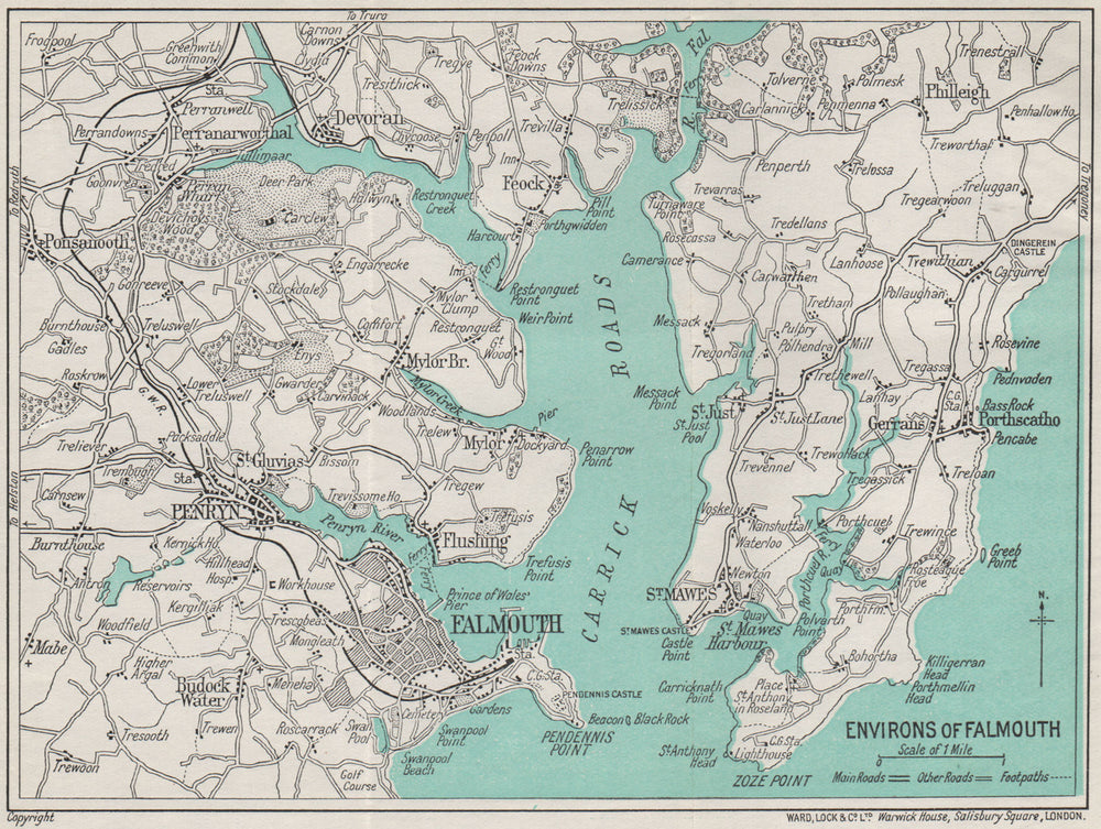 FALMOUTH environs. Carrick Roads Penryn St Mawes. Cornwall. WARD LOCK 1938 map