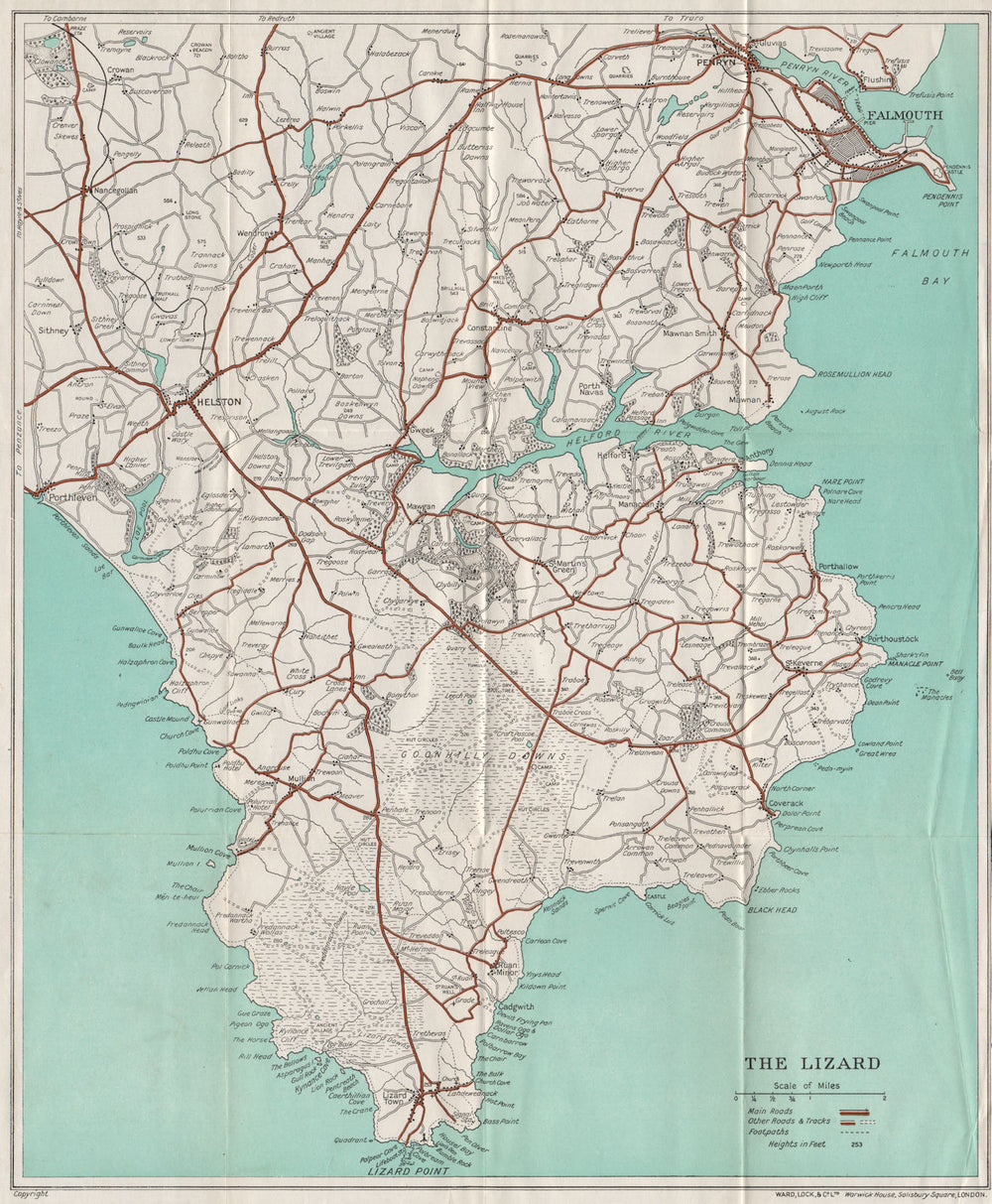 THE LIZARD topo map. Helston Falmouth Helford River Cornwall. WARD LOCK 1938