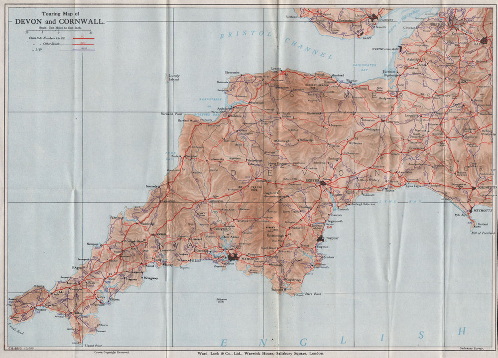 TOURING MAP OF DEVON & CORNWALL. South West England. WARD LOCK 1934 old