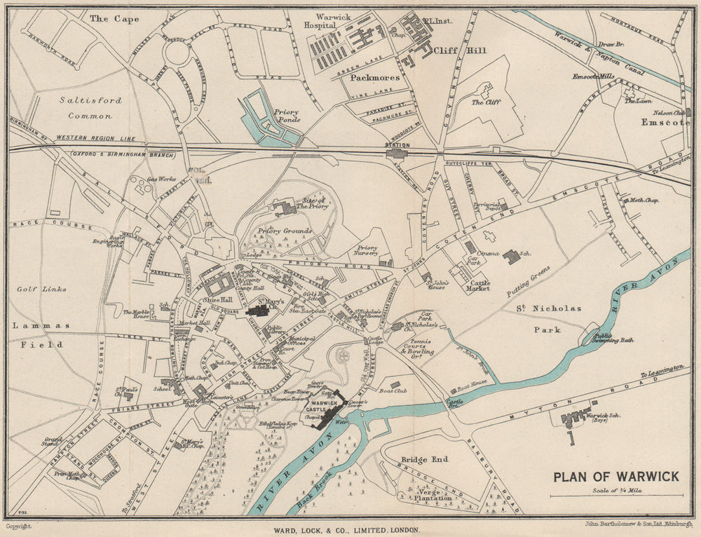 WARWICK vintage town/city plan. Warwickshire. WARD LOCK 1950 old vintage map
