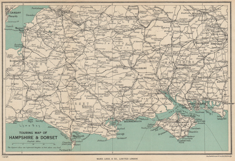 TOURING MAP OF HAMPSHIRE & DORSET. Wiltshire Somerset. WARD LOCK 1953 old