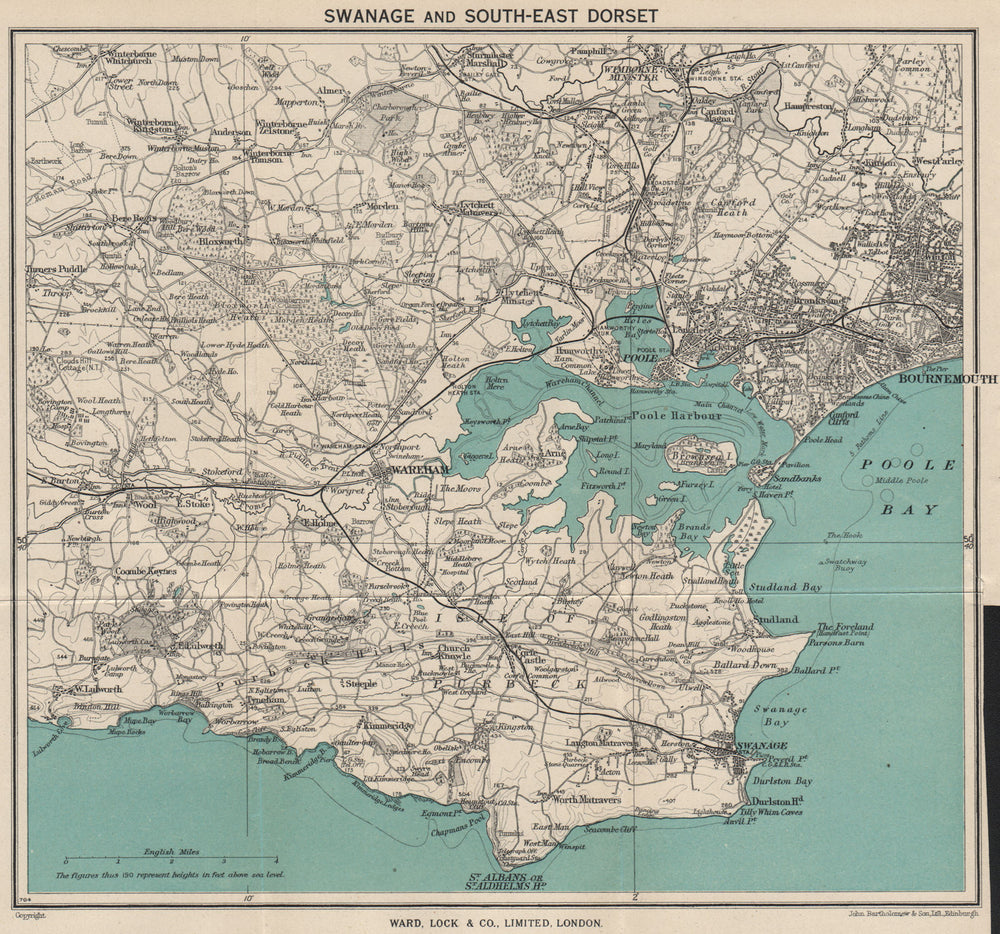 SOUTH-EAST DORSET. Isle of Purbeck Poole Harbour Wareham Bournemouth 1953 map