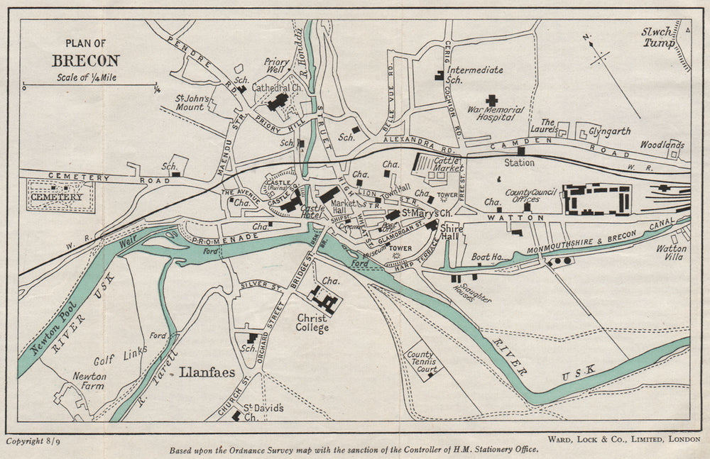 BRECON vintage city town plan. Wales. WARD LOCK 1950 old vintage map chart