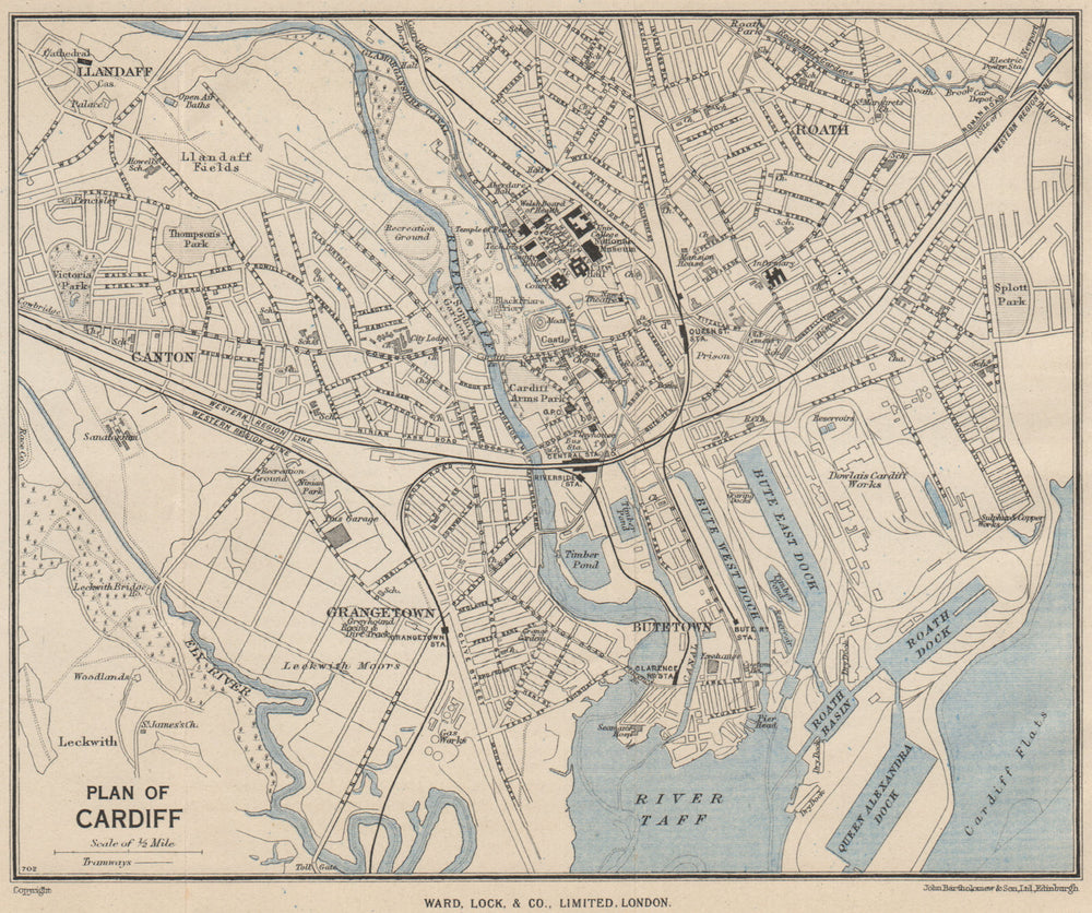 CARDIFF vintage city town plan. Wales. WARD LOCK 1950 old vintage map chart