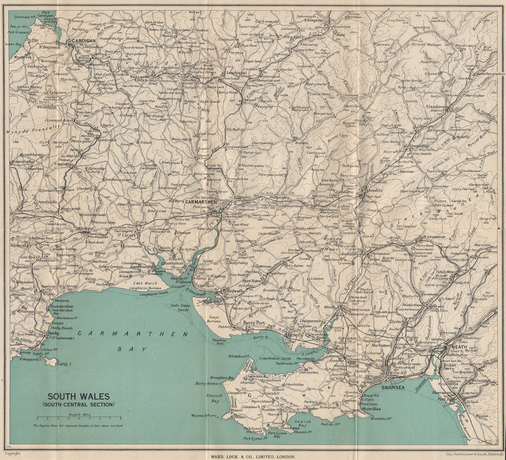 SOUTH WALES Cardigan Swansea Neath Carmarthen Tenby Llanelli. WARD LOCK 1950 map