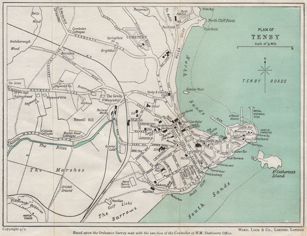 TENBY vintage town plan. Pembrokeshire Wales. WARD LOCK 1950 old vintage map