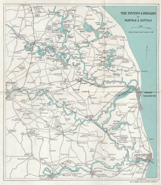 THE NORFOLK BROADS. Great Yarmouth Lowestoft Beccles Norwich. WARD LOCK 1965 map