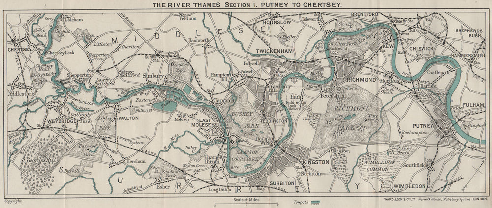 RIVER THAMES (1) Putney-Richmond-Kingston-Twickenham-Weybridge-Chertsey 1912 map