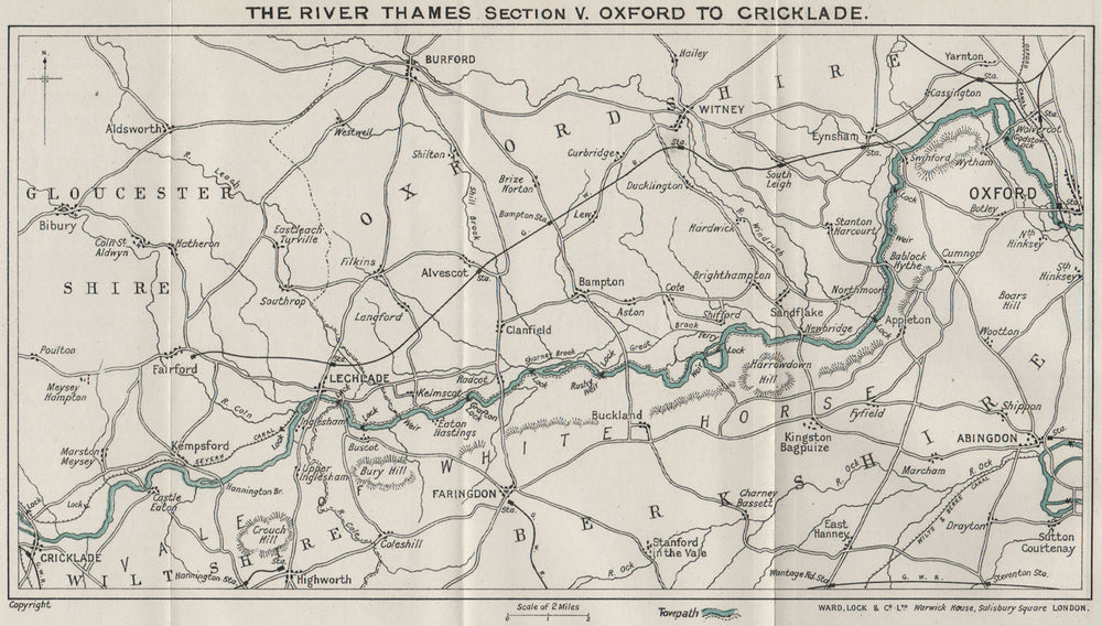 RIVER THAMES (5) Oxford-Lechlade-Cricklade. Vale of Whote Horse. Witney 1912 map