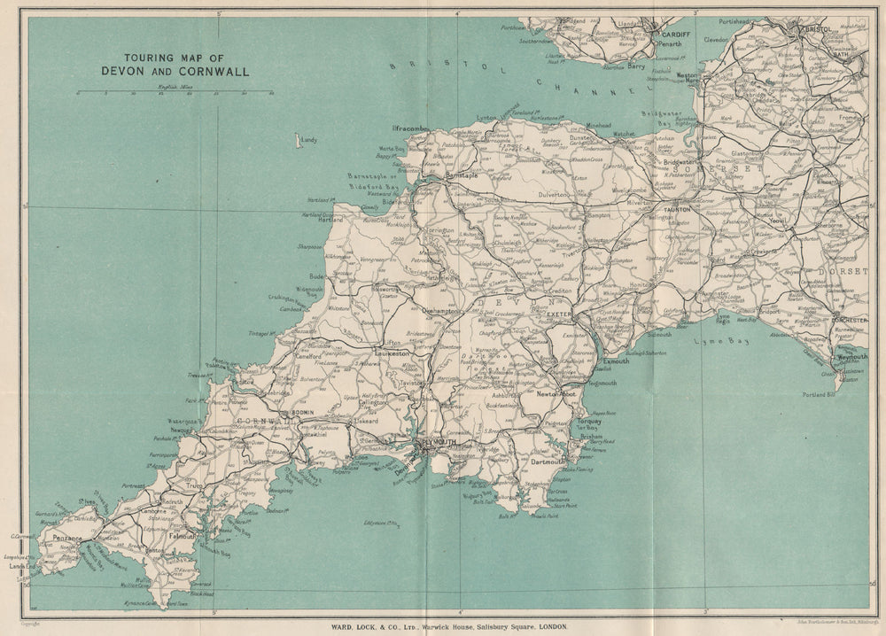 TOURING MAP OF DEVON & CORNWALL. South West England. WARD LOCK 1932 old