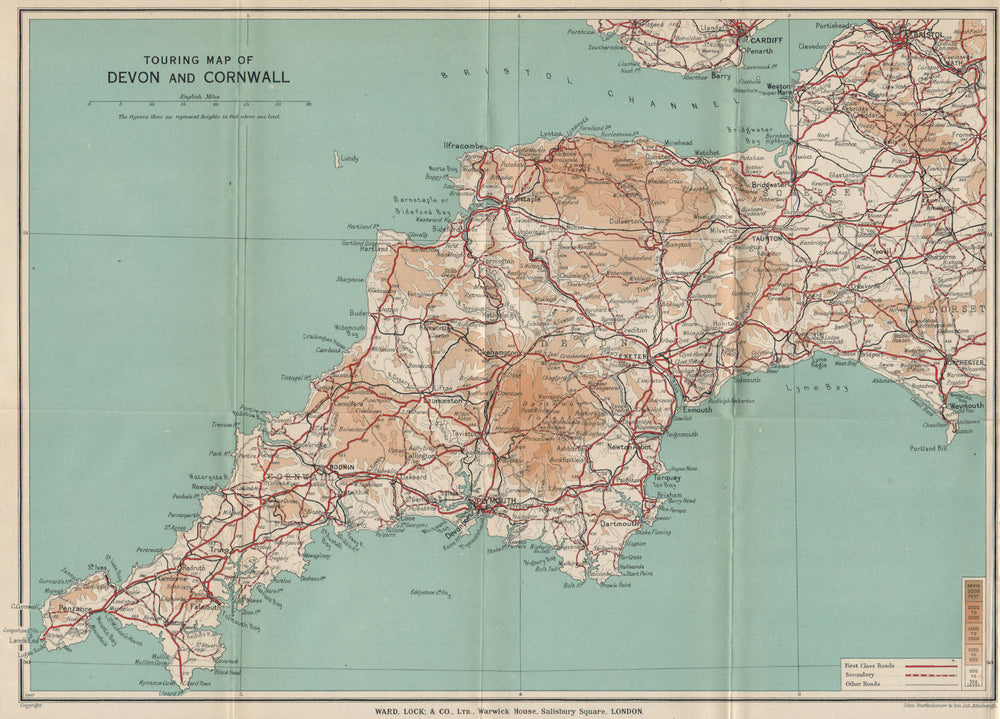 TOURING MAP OF DEVON & CORNWALL. South West England. WARD LOCK 1936 old