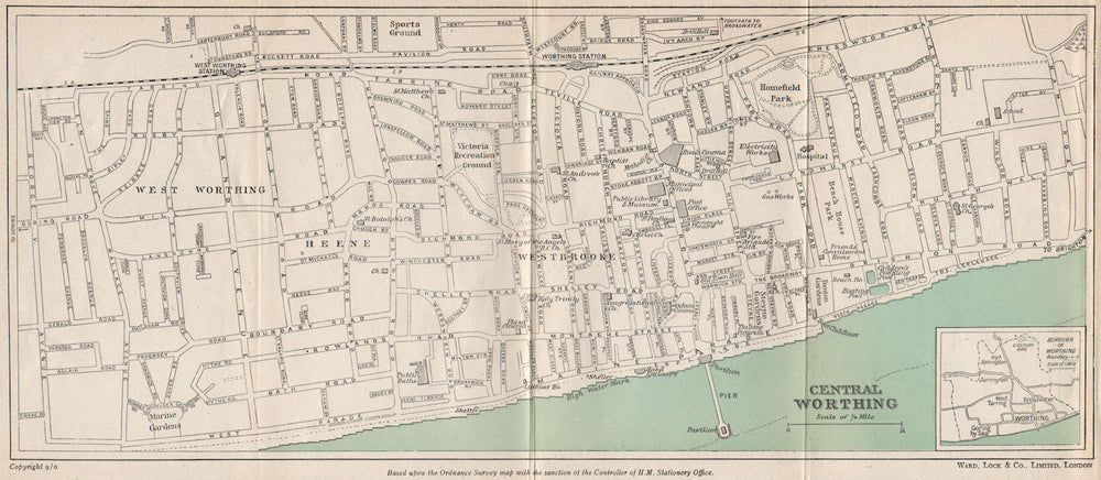 CENTRAL WORTHING vintage city/town plan. Sussex. WARD LOCK 1950 old map
