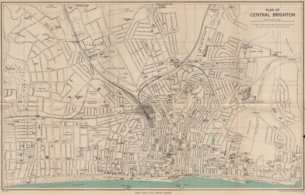 CENTRAL BRIGHTON vintage city/town plan. Sussex. WARD LOCK 1950 old map