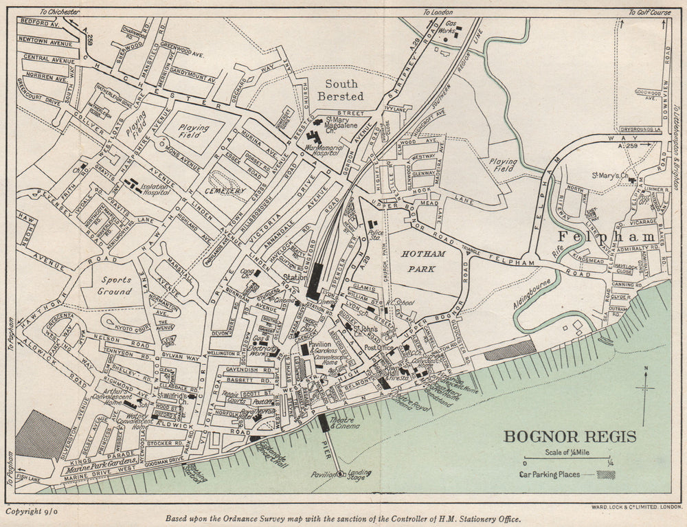 BOGNOR REGIS vintage city/town plan. Sussex. WARD LOCK 1950 old vintage map